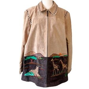 Quacker Factory Suede Jacket Women Size L Safari Elephant Giraffe Barn Style